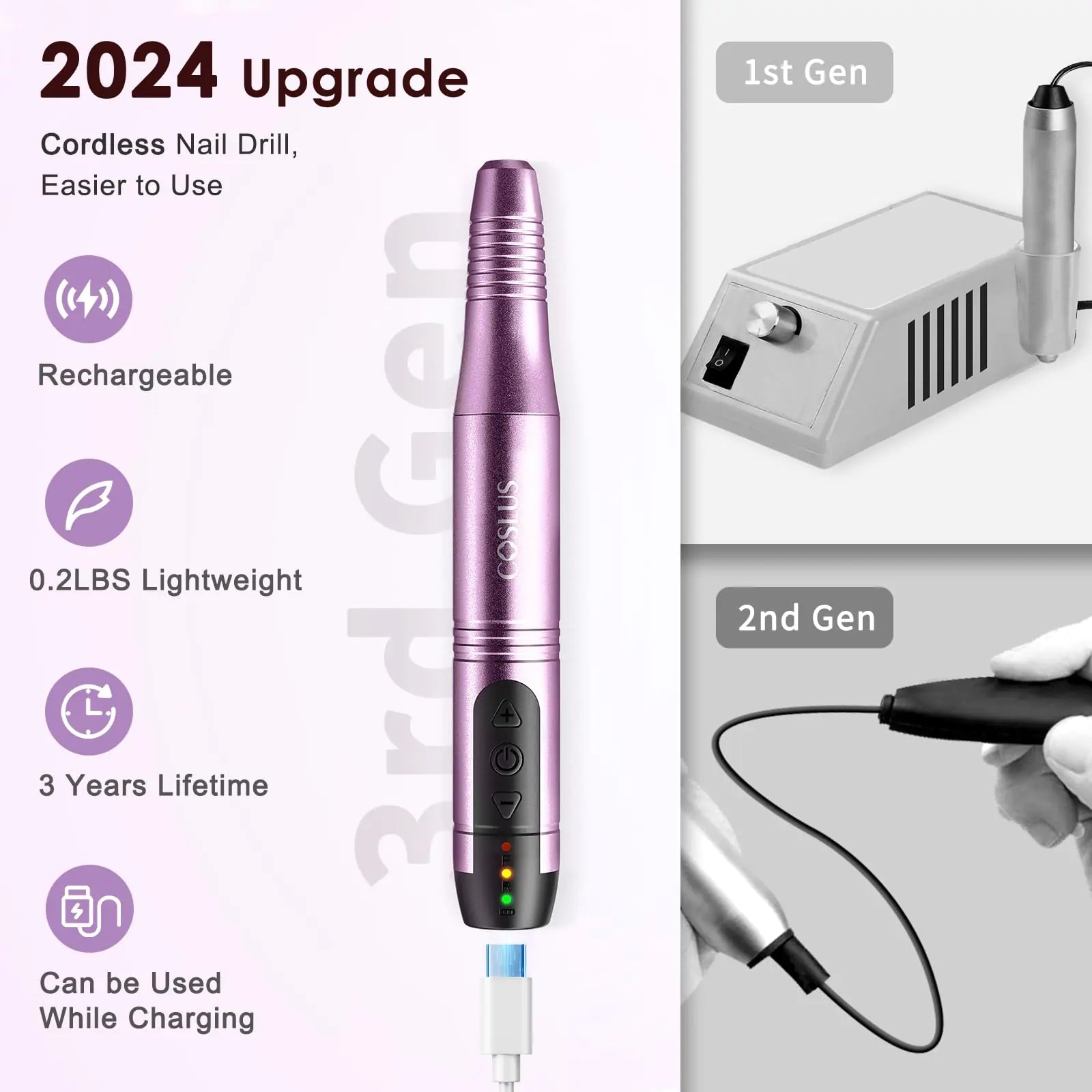 COSLUS Cordless Nail Drill Electric File: Professional for Acrylic Gel Dip Powder Nails Portable Nail Drill Machine Kit for Manicure Pedicure Nail Set with Everything Rechargeable Lightweight Purple Dark Purple